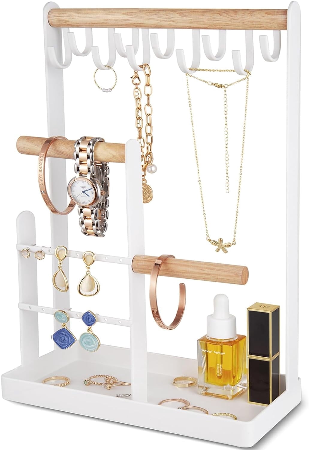 XH Jewelry Stand Holder Organizer, 4-Tier Necklace Holder with Ring Tray, 10 Hooks Necklaces Hanging Small Jewelry Display Storage Tower Tree for Bracelets Earrings Watches -Medium, White