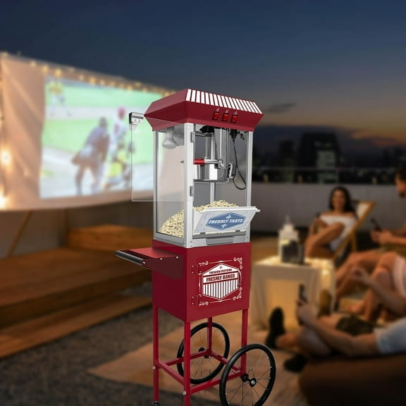 XH-P831-Movie Theater-Style Popcorn Machine Maker with Cart and 12-Ounce Kettle - Red, Vintage-Style Popper on Wheels