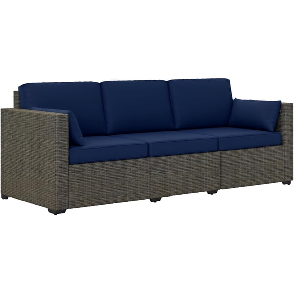 XH Patio Couch PE Wicker Deep Seating Outdoor Sofa with Removable Cushions, 3 Seater Rattan Sofa, Outdoor Furniture for Balcony, Deck, Garden and Poolside, Navy Blue
