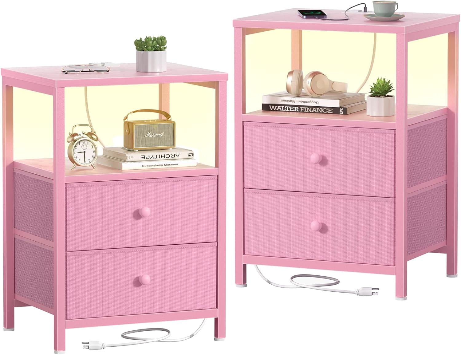 XH Pink Nightstands Set of 2, Bedroom Night Stand Set Two Nightstand ...