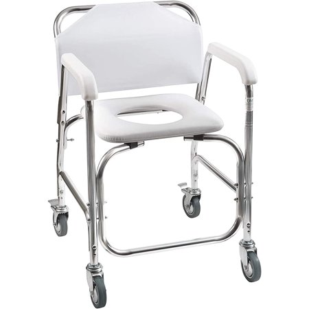 XH Rolling Shower Chair, Commode, Transport Chair, FSA Eligible, Rolling Bathroom Wheelchair for Handicap, Elderly, Injured or Disabled, Rear Locking Wheels, 250 lb. Weight Capacity, White