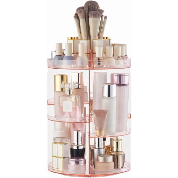 XH Rotating Makeup Holder Organizer Crystal Pink 360 Rotation Cosmetic Storage Holder Turntable Spin Display Stand Bathroom Bedroom Vanity Dressing Table Gift Girl Lady Women