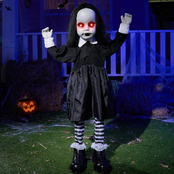 XH Scary Halloween Decorations Outdoor, 34" Black Zombie Girl Ghost Animatronics Decor with Sound Activated Sensor Glowing LED Eyes for Garden Lawn Yard Haunted House Terror Home Party Supplies