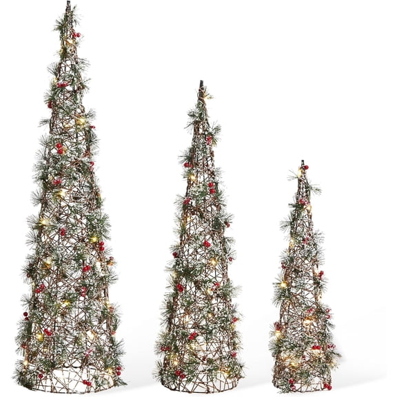 XH Set of 3 Lighted Christmas Cone Trees, Xmas Decorative Conic Tree Set with 75 Warm White LED Lights, Indoor & Outdoor Lighted Decorations for Lawn Yard Garden Party