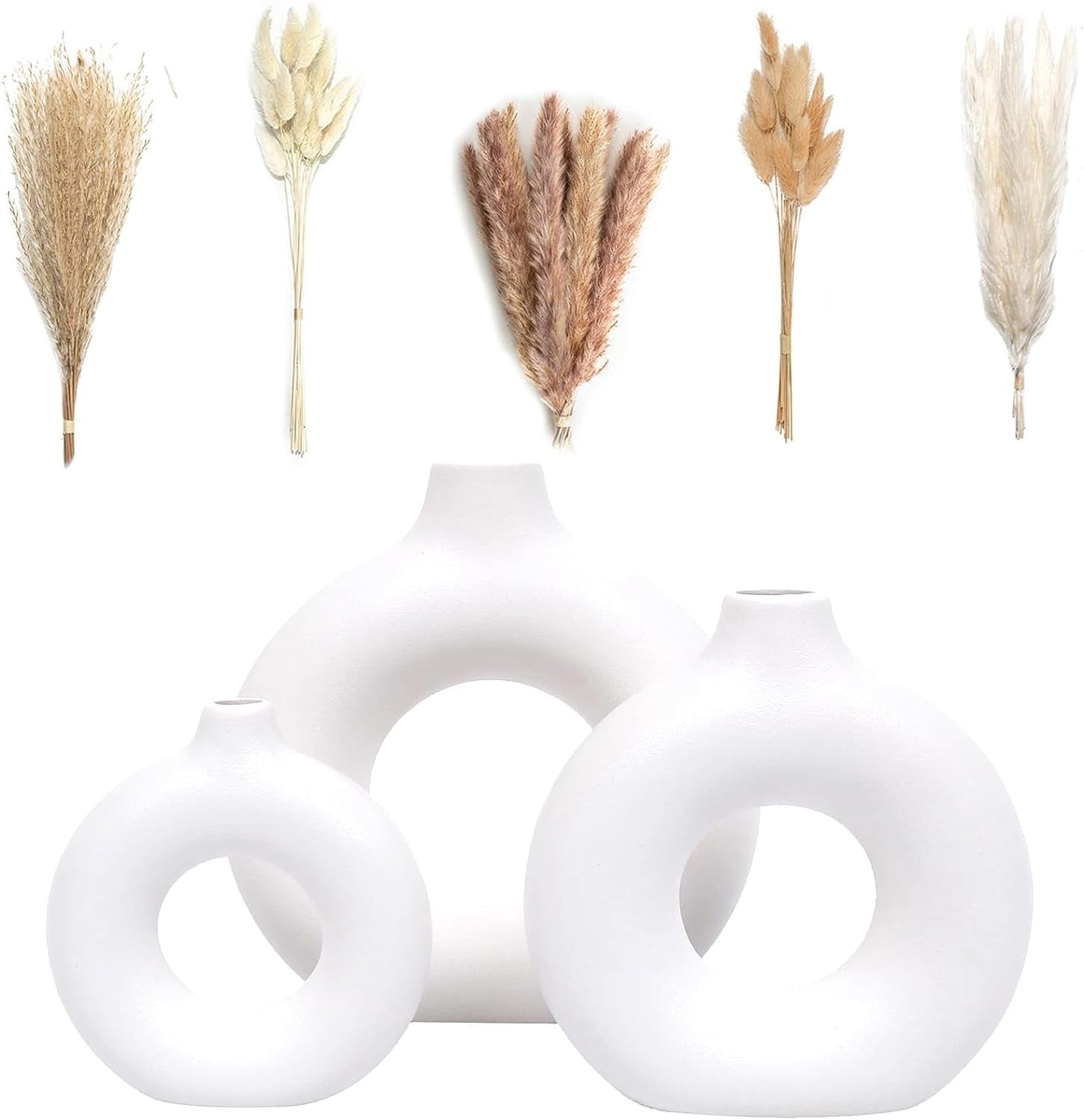 XH Set of3 White Ceramic Vase with 65 PCS Dried Pampas Grass Flowers Aesthetic Boho Modern Small Round Cute Vases for Decor Living Room Coffee Table Shelf Bedroom Office Desk Home Gifts Women Mom