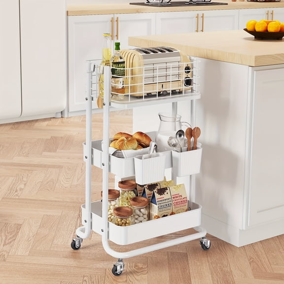 XH Union 3-Tier Rolling Utility Cart with Locking Wheels, Metal Storage Organizer Trolley for Kitchen, Bathroom, Office & Garage, Pink Holiday Gift for Thanksgiving & Christmas