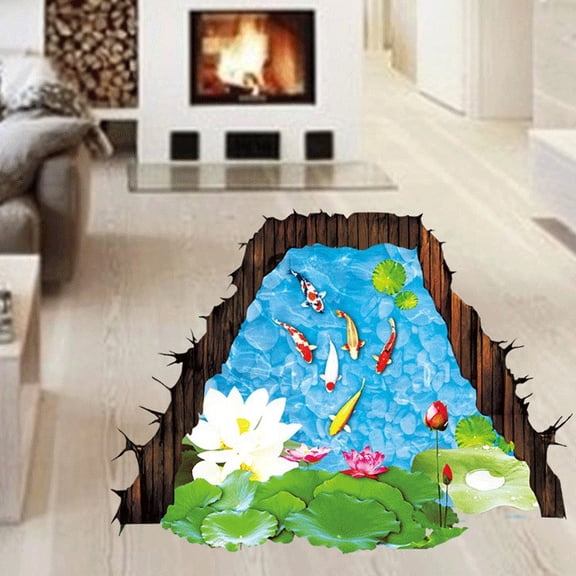XH9219 New 3D Koi Pond Floor Sticker - Realistic, Waterproof & Removable Decal for Tiles & Walls