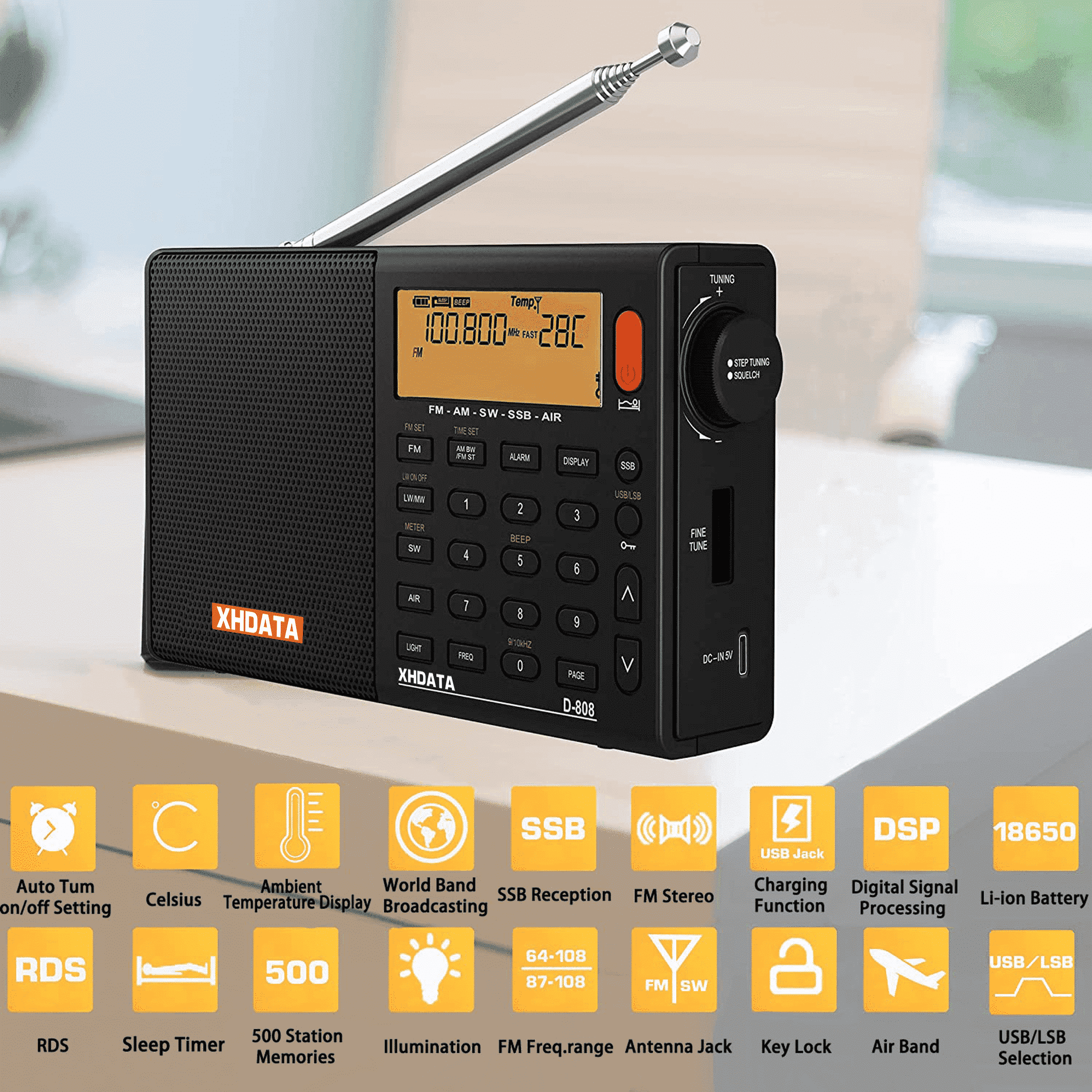 XHDATA D808 Portable Shortwave Radio, AM FM SW LW Air Band, SSB