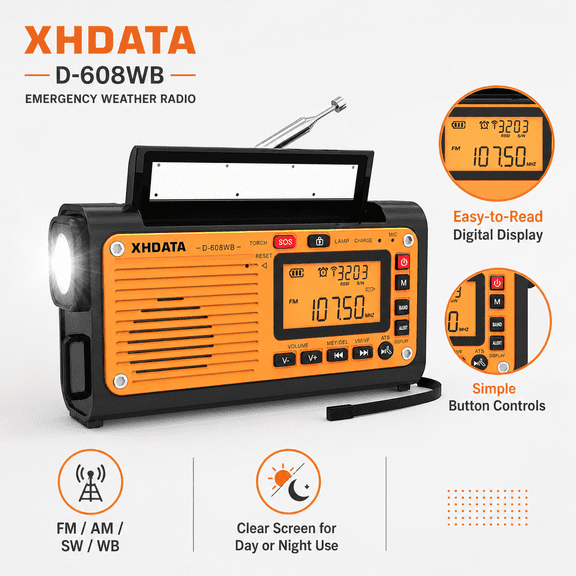 XHDATA D-608WB Emergency Weather Radio, AM FM Shortwave NOAA Radio with Bluetooth, Hand Crank, Solar Charging, 3000mAh Battery, Flashlight, Reading Lamp, SOS and Phone Charger