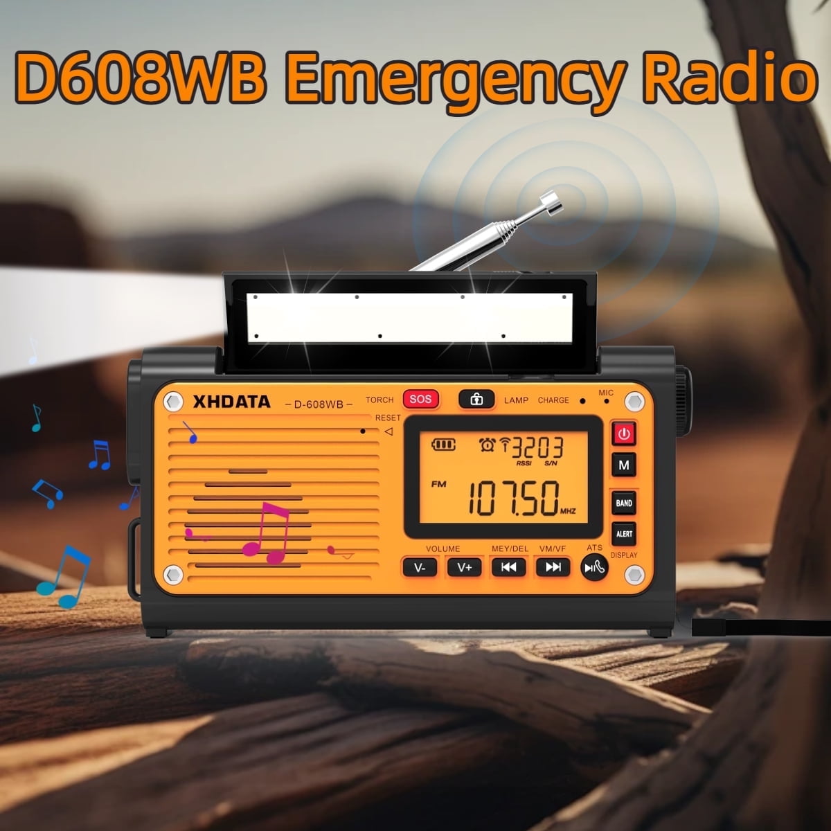 XHDATA D608WB - Emergency Weather Hand Crank Radio FM/AM/SW/NOAA Alert Portable, Bluetooth MP3, USB/Solar/Hand Crank Charging, Flashlight, Reading Lamp and SOS Alarm