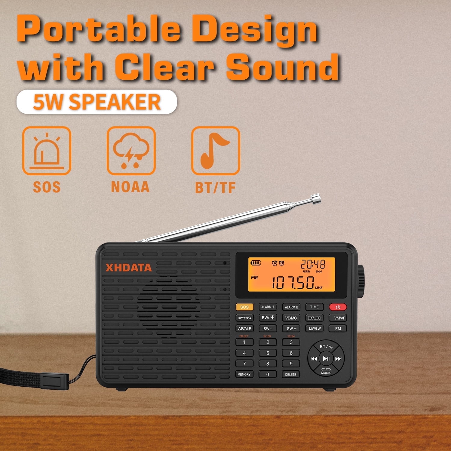 XHDATA d-109wb FM/MW/LW/SW/NOAA Global Band Emergency Radio with  Bluetooth MP3 Music player,TF card, LCD Backlight,SOS
