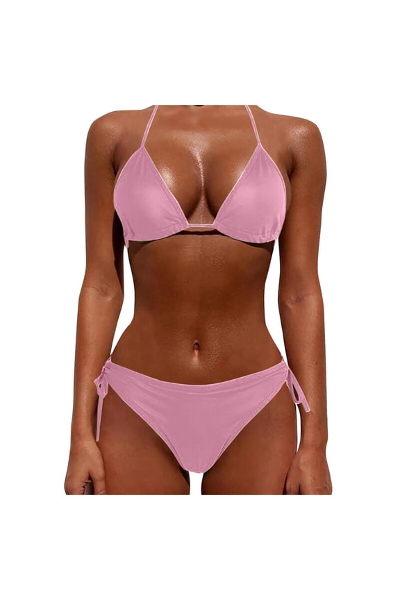 Bathing Suit for Women Tummy Control Solidtriangle Top Tie Side Thong Bikini Swimsuits,Pink L