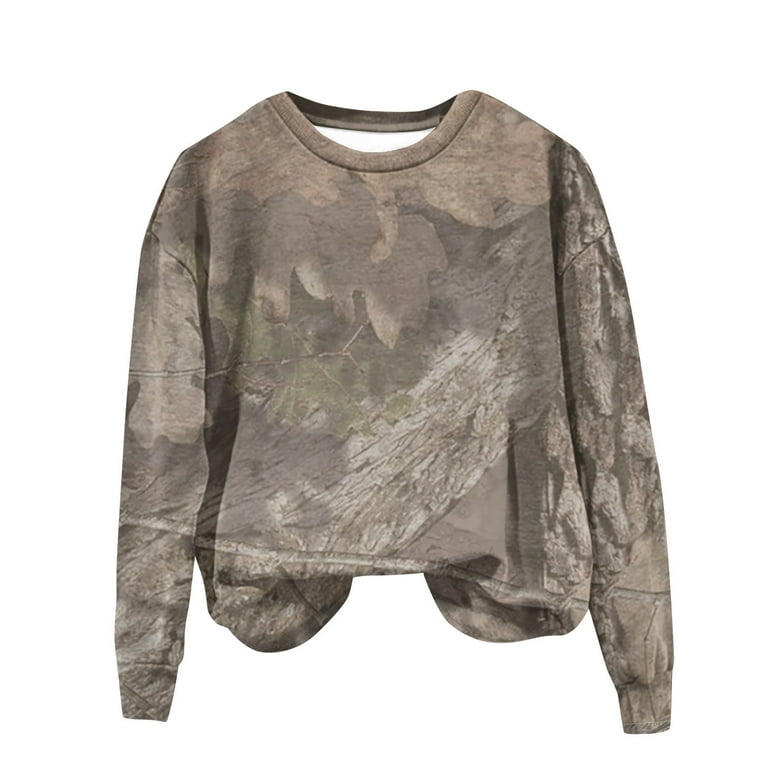 XHJUN Camo Sweatshirt Women Maple Leaf Printing Comfortable Shirts Pullover Crew Neck Fleece Long Sleeve Tops Fall Causal Clothes Khaki L