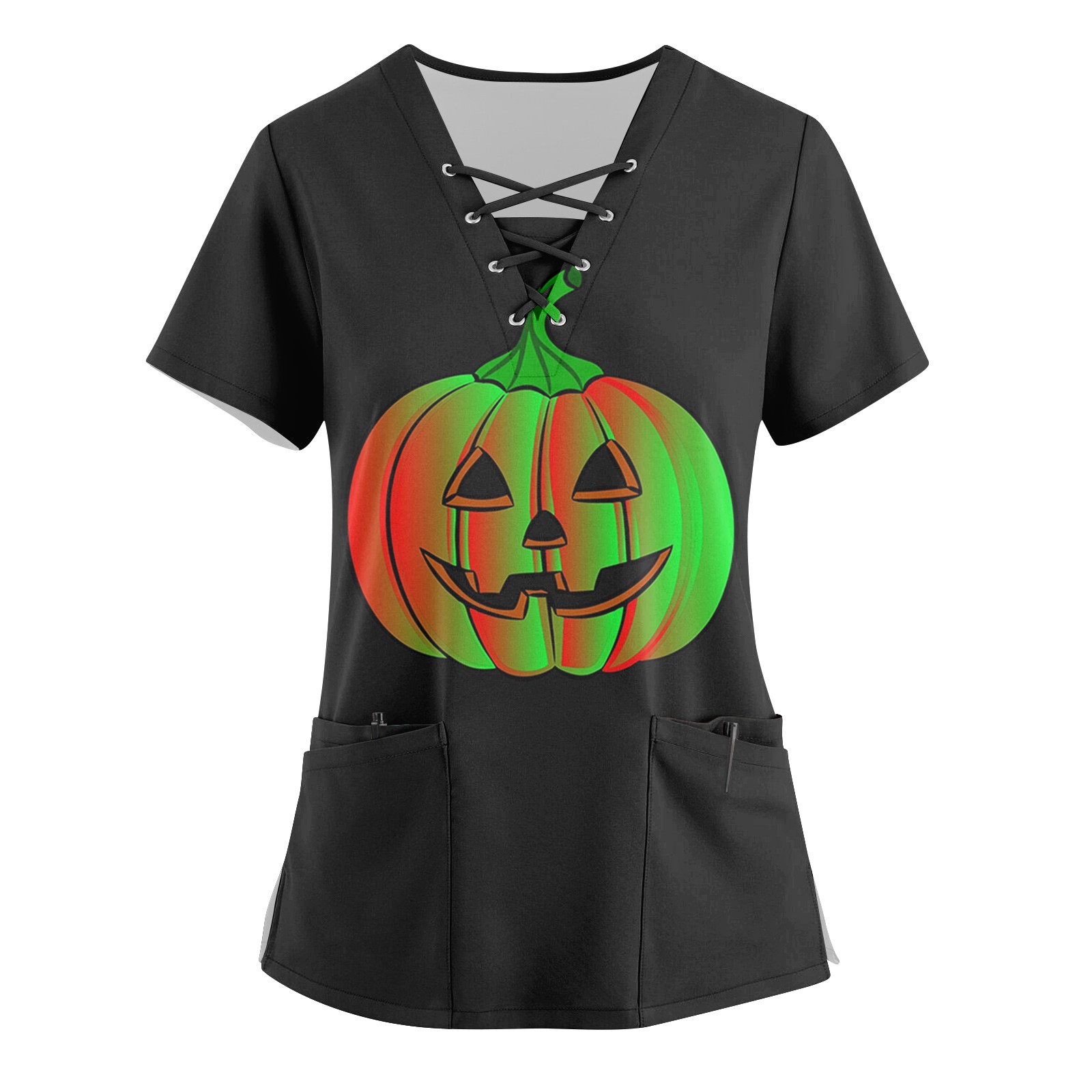 XHJUN Womens Scrub Tops Stretchy Halloween Pumpkin Bat Castle Medical Scrubs Uniforms Short