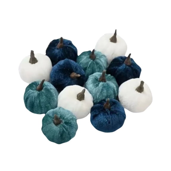XHKUYI 12 Pcs Mini Artificial Pumpkin Set 1.6 Inch, Blue White Teal Bowl Filler Assortment with Small Harvest Shape, Halloween Fall Table Scatter for Tray Vase Shelf Decor
