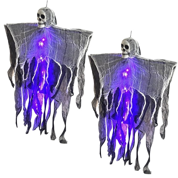 XHKUYI 2 PCS Halloween Hanging Skeleton Ghost Decorations 31.5 Inch, LED Purple Light Up Tattered Gauze Ghost Props with Skull Head, for Spooky Yard, Tree, Porch, Haunted House Decor
