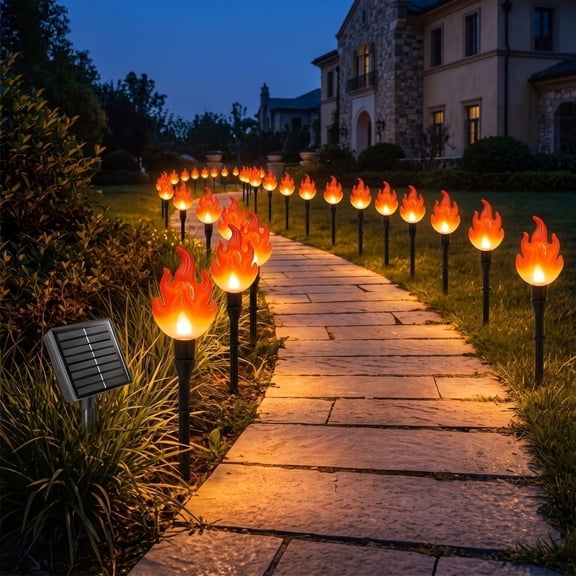 XHKUYI 20 PCS Halloween Solar Flame Pathway Lights, 35.7FT 8 Modes LED Ground Stake Light String, Waterproof Flickering Fire Garden Stake Lamps for Halloween Christmas Yard Lawn Patio Holiday Decor