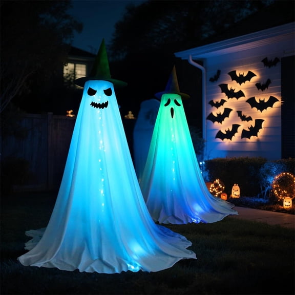 XHKUYI 2PCS Halloween Standing Ghost Decor 59 inches, Remote Controlled 7 Color Changing Light Up White Fabric Ghost with Witch Hats, for Front Porch, Lawn, Outdoor Halloween Party Farmhouse Decor