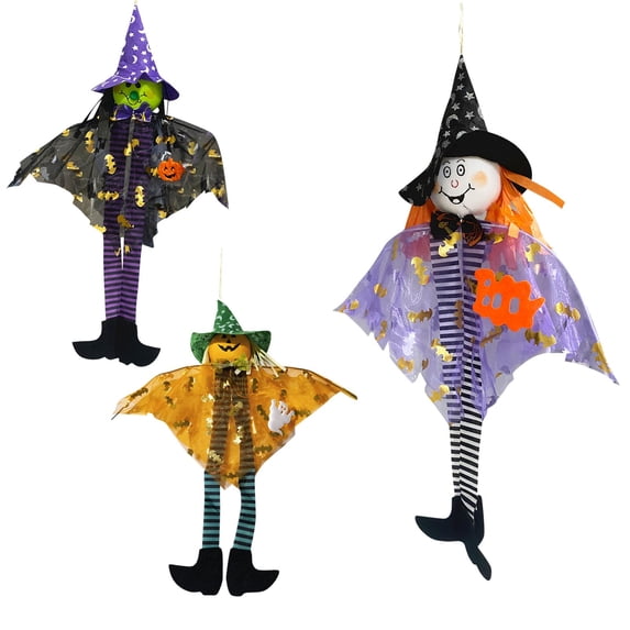 XHKUYI 3 PCS Halloween Hanging Ghost Decorations 17.7 inches, Cute Flying Witch Ornaments with Bat Print and Long Striped Legs, Spooky Party Props for Yard, Porch, Tree, Haunted Houses Decor