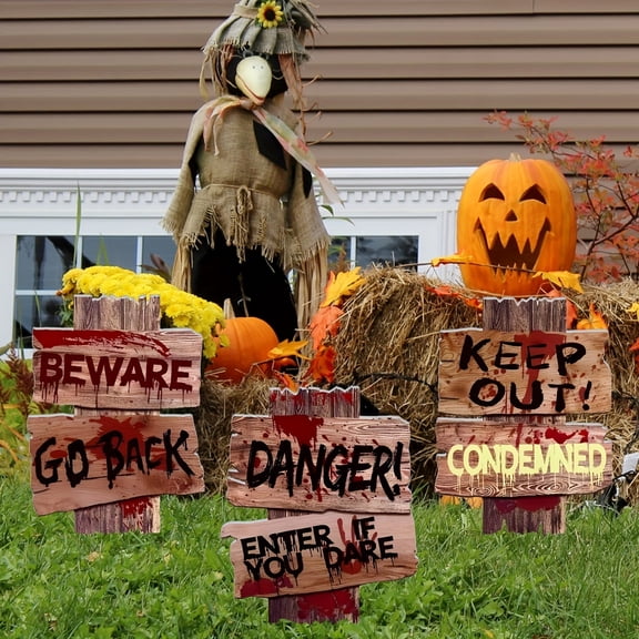XHKUYI 3PCS Halloween Warning Yard Signs 16.5 inch, Warning Yard Signs with Beware, Danger, Go Back and Keep Out Designs, for Halloween Lawns Garden Haunted Yards Parties Decor
