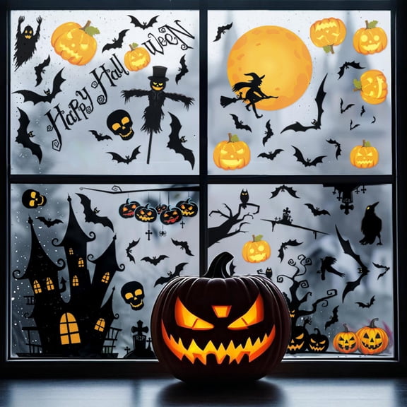 XHKUYI 4 Sheets Halloween Window Clings Wall Decals, Removable Halloween Stickers with Haunted House, Pumpkins, Bats, Witch, for Glass, Window, Home, Party, Halloween Decorations