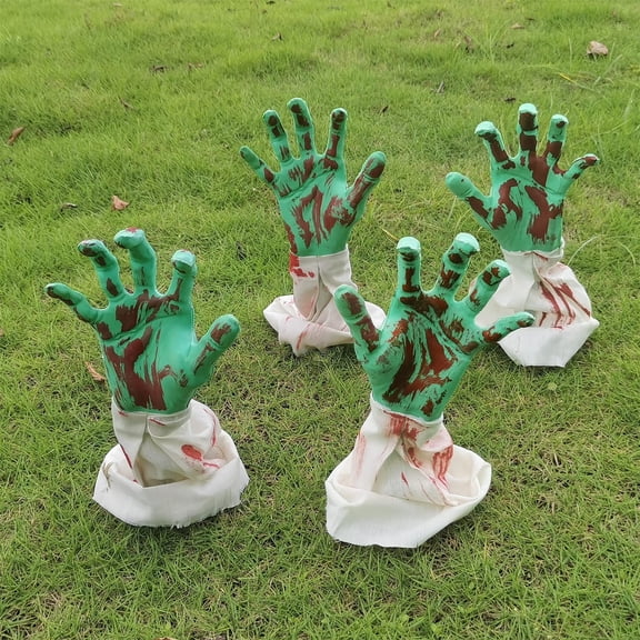 XHKUYI 4Pcs Green Hand Yard Stakes 13.2 Inch, Halloween Ground Green Hand Props with Plastic Insert Base and Raised Hand Shape, for Outdoor Lawn Garden Party Display