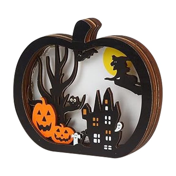 XHKUYI 5.9 Inch Halloween Wooden Table Decor, Lighted Pumpkin Shelf Decor with Haunted House Scene and Warm LED Glow, Halloween Desktop Ornament for Party Mantel Tiered Tray