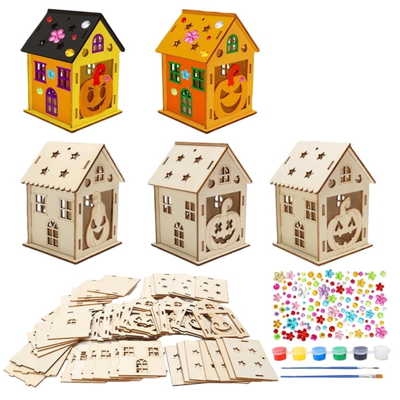 XHKUYI 5 PCS DIY Wooden Halloween Haunted House Craft Kit, Unfinished Paintable 3D Pumpkin Puzzle with Paints & Gem Stickers, Kids Arts and Crafts for Party Favors and Autumn Decor