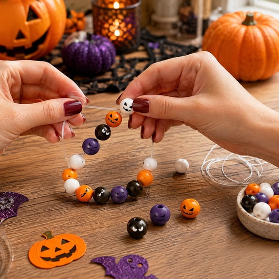 XHKUYI 60 PCS Halloween Wooden Beads 0.63 inch, Printed Spooky Ghost Face and Pumpkin Wood Beads with Hole, Fall Craft Supplies for DIY Garland, Bracelet Making and Tiered Tray Decor