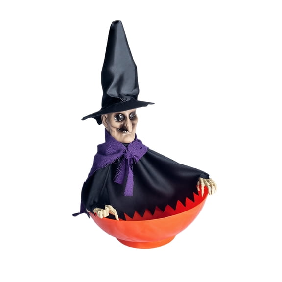 XHKUYI Animated Halloween Candy Bowl 14.7 inch, Halloween Moving Head and Talking Witch Holder, Spooky Halloween Tabletop Decor Bowl for Haunted House, Party and Home