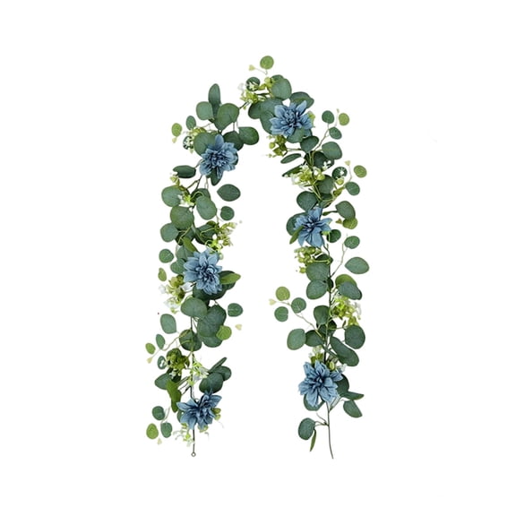 XHKUYI Artificial Eucalyptus Garland 6 FT, Faux Greenery Vine with Blue Flowers & Green Leaves, Rustic Floral Garland for Wedding Table Centerpieces Backdrop Wall Decoration