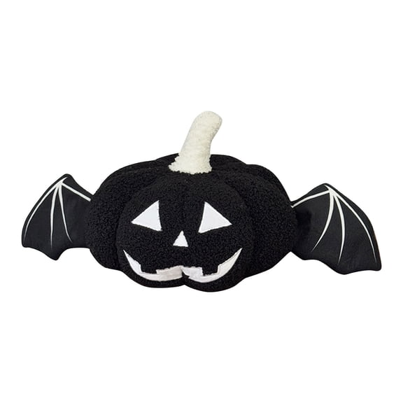 XHKUYI Bat Pumpkin Plush Pillow 17.7 Inch, Black Jack O Lantern Cushion with Bat Wings, Soft Pumpkin Throw Pillow for Halloween Sofa Bedroom Party Room Decor and Window Seat Accent
