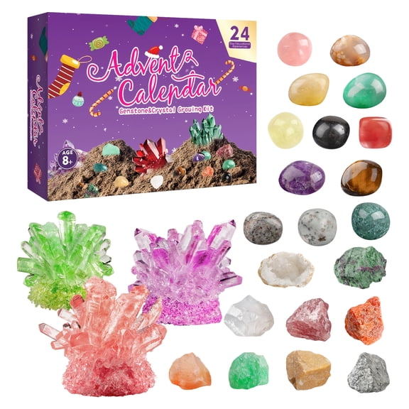 XHKUYI Christmas Gemstone Crystal Advent Calendar, 24Pcs Rock Mineral Crystal Growing Kit, Christmas Stocking Stuffer Collectible Gift for Rock Lovers and Kids Age 8+