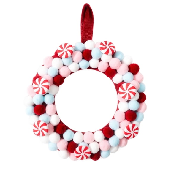 XHKUYI Christmas Pom Pom Wreath 13.8 inch, Pastel Candy Land Holiday Hanging Decor with Peppermint Accents, Whimsical Winter Wall Ornament for Nursery, Kids Room, Entryway and Door