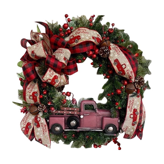 XHKUYI Christmas Red Truck Wreath 15.7 inch, Artificial Pine Wreath with Red Truck, Buffalo Plaid Bows, Pinecones and Ornaments, Rustic Winter Hanging Decoration for Front Door, Wall, Window Decor