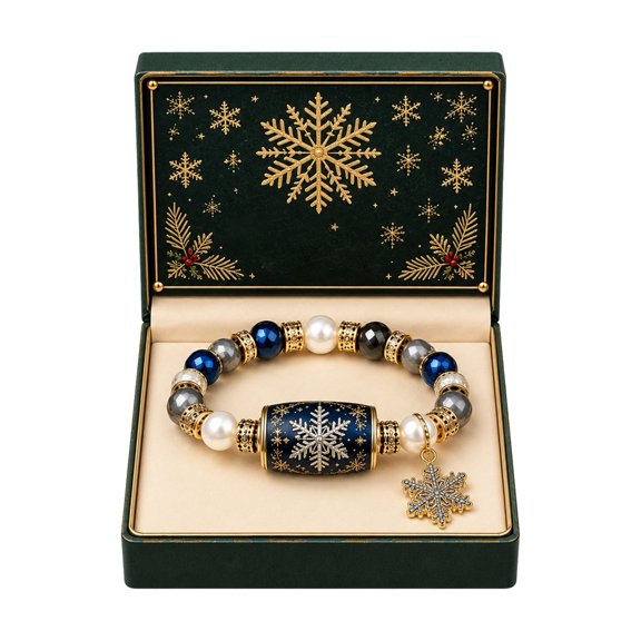 XHKUYI Christmas Snowflake Beaded Bracelet, Snowflake Charm Faux Pearl Bead Bracelet with Gift Box, Winter Enamel Stretch Bracelet Holiday Jewelry, Christmas Party Accessory & Stocking Stuffer