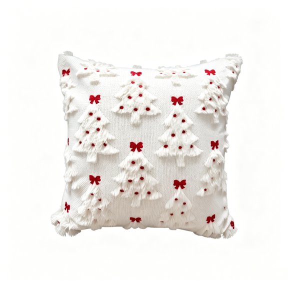 XHKUYI Christmas Tree Throw Pillow Cover 18 ×18 inch, Textured Tufted Xmas Cushion Case with Red Bow & Tree Decor, Winter Square Pillowcase Decor for Sofa Couch Home Holiday Gift