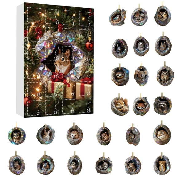 XHKUYI Christmas Woodland Animals Advent Calendar 2026, 24 Days Christmas Countdown Calendar with 24 PCS Tree Hole Animal Ornaments, Surprise Christmas Gifts for Kids & Nature Lovers
