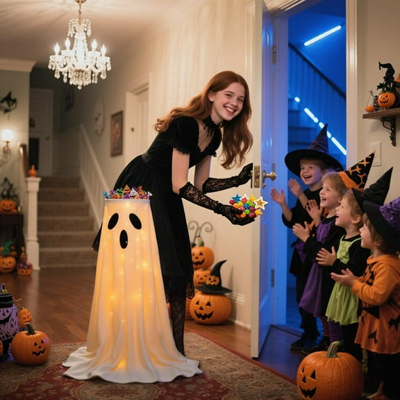 XHKUYI Ghost Candy Bowl Holder 39.4 Inch, Halloween Candy Display with Lighted Ghost Stand Plate Bracket White Cloth and Sticker, for Halloween Porch Entryway Party Decor