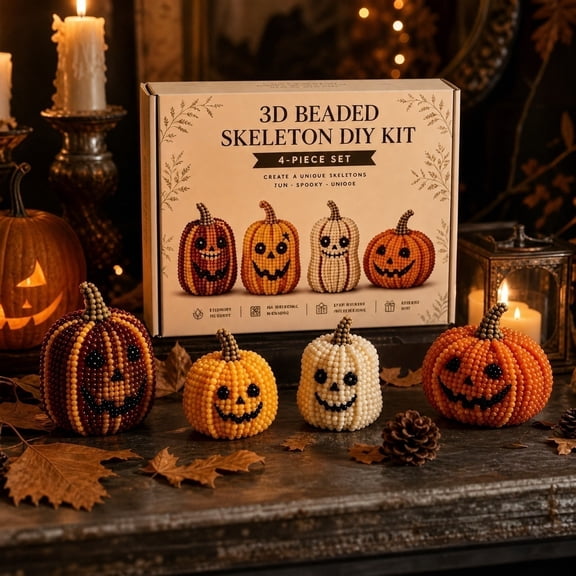 XHKUYI Halloween Beaded DIY Kit 4.8 Inch, Pumpkin Bead Craft Kit with 3D Skeleton Theme Pieces, Plastic Handmade Craft Set for Table Shelf Home Room Party Decor Accent Display