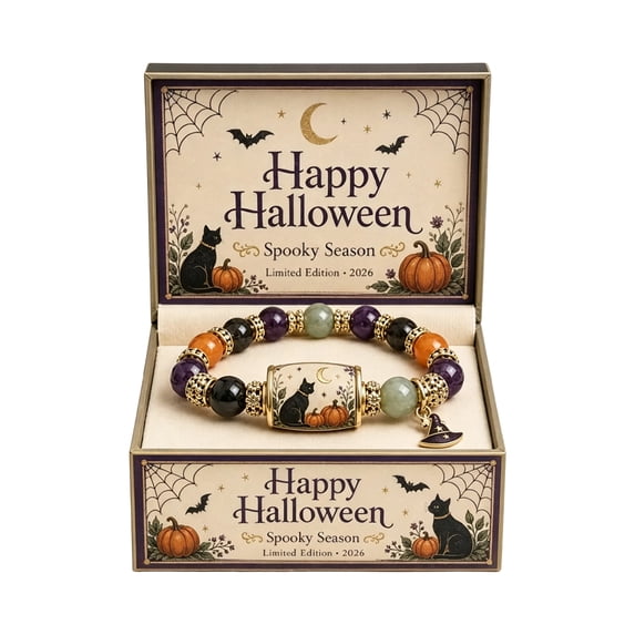 XHKUYI Halloween Black Cat Pumpkin Beaded Bracelet, Stretchable Adjustable Bead Bracelet with Witch Hat Charm, Spooky Season Jewelry for Women Kids, Fall Jewelry Gift
