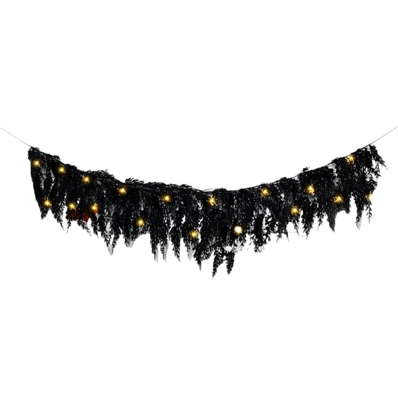 XHKUYI Halloween Black Cedar Garland 4 FT, Lighted Black Cedar Pine Needles Garland with LED Light, Artificial Pine Needles Garland for Fireplace Tabletop Stairs Home Holiday Decoration