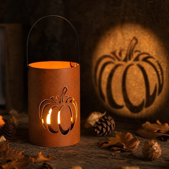XHKUYI Halloween Candle Holder Bucket 7.1 Inch, Harvest Candle Holder Decor with Rusty Pumpkin Cutout Look, Metal Handle and Small Table Lantern Style for Shelf Mantel Decor