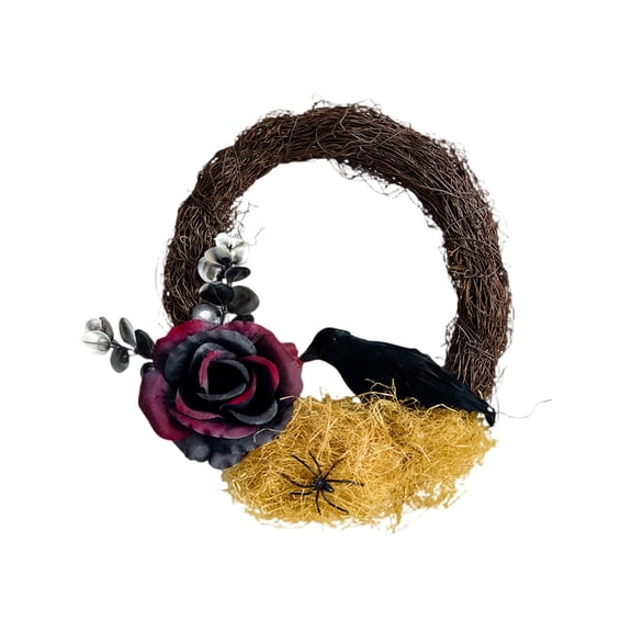 XHKUYI Halloween Crow Rose Wreath 11.8 inches, Gothic Oval Grapevine Wreath with Artificial Rose, Black Crow and Spider, for Halloween Porch Window Wall Door Decor