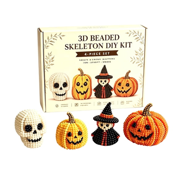 XHKUYI Halloween DIY Bead Kit, 3D Beaded Pumpkin Ghost Witch Set of 4 with Instructions, Spooky Halloween 3D Bead Embroidery Craft Kit for Beginners & Craft Lovers