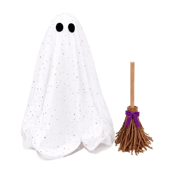 XHKUYI Halloween Ghost Decorations 20.8 inch, Star Mesh Tulle Ghost with Witch Broom, Halloween Indoor Decor for Mantel, Fireplace, Entryway