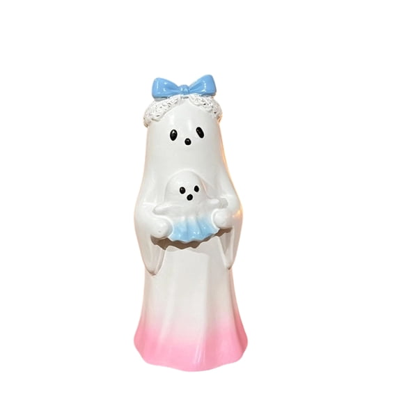 XHKUYI Halloween Ghost Figurine 3.15 inch, Resin Blue Bow Ghost Statue Holding Mini Ghost, Halloween Tabletop Figurine for Home Shelf Party Display