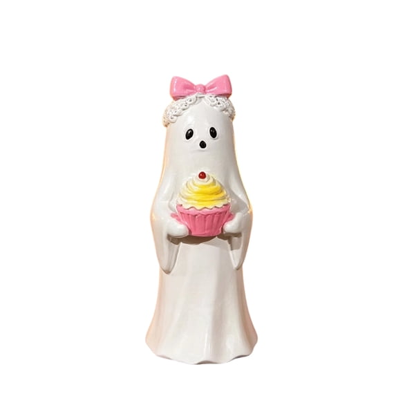XHKUYI Halloween Ghost Figurine 3.15 inch, Resin Pink Bow Ghost Statue Holding Cake, Halloween Tabletop Figurine for Home Shelf Party Display
