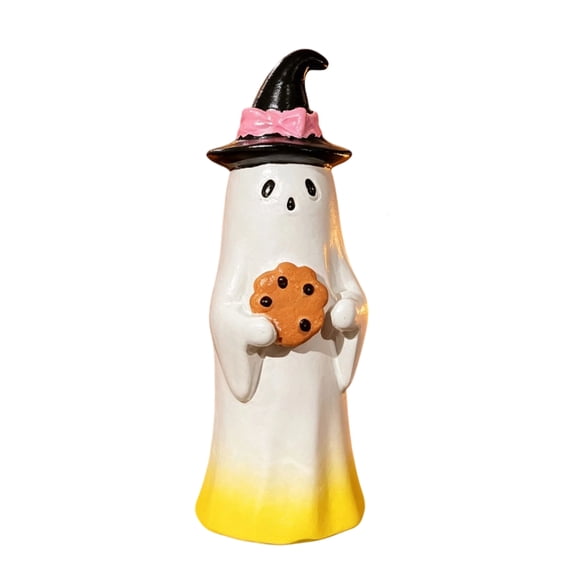 XHKUYI Halloween Ghost Figurine 3.54 inch, Resin Witch Hat Ghost Statue Holding Cookie, Halloween Tabletop Figurine for Home Shelf Party Display
