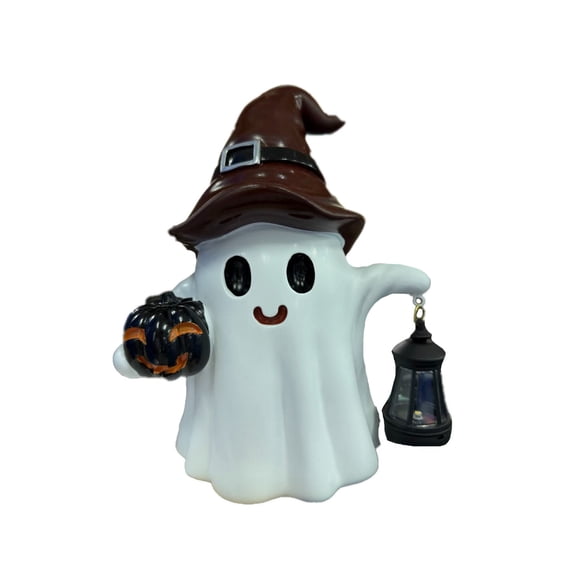 XHKUYI Halloween Ghost Figurine 9.8 inch, Spooky Witch Hat Ghost Holding Lantern and Pumpkin Statue, Ghost Decoration Lanterns for Lawn Patio Party Indoor Home Office Desk